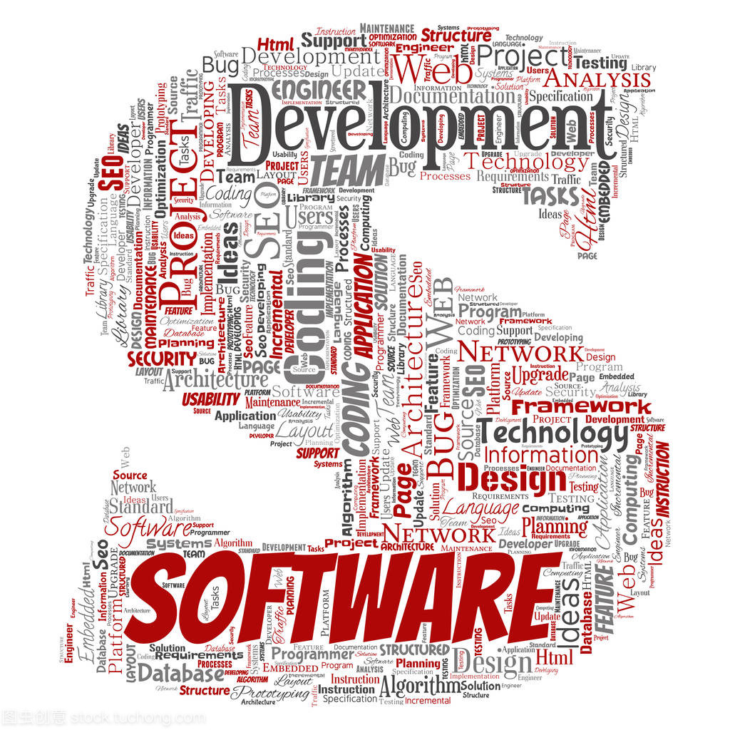 矢量概念软件开发项目编码技术字母字体 S 词云孤立背景。应用网页设计, seo 理念, 实施, 测试升级的概念